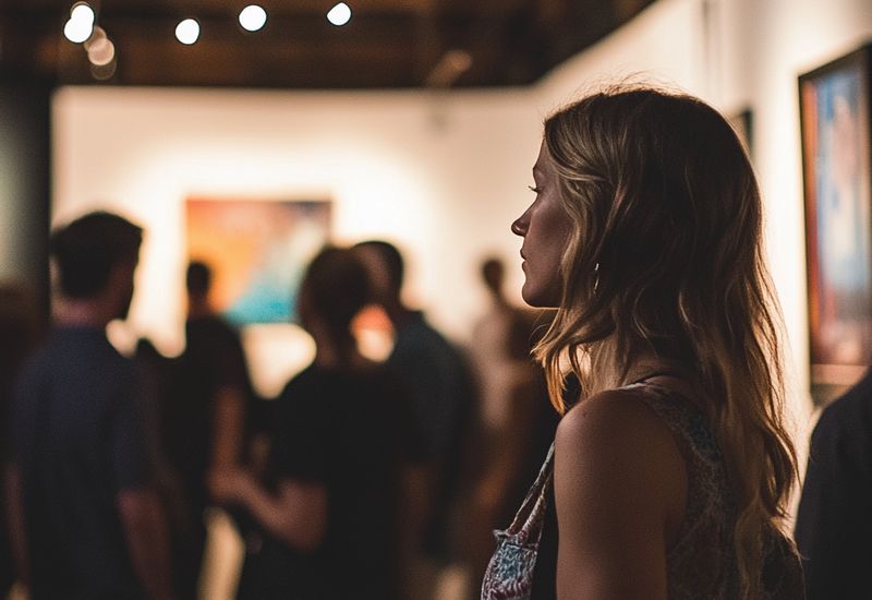 A community event, people gathered in a warmly lit gallery