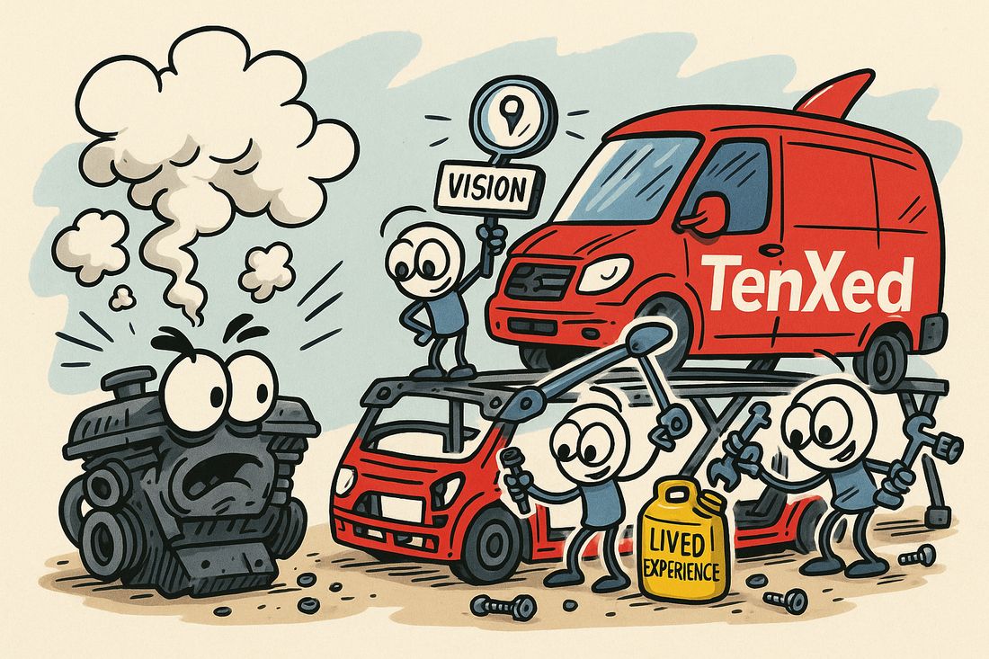 Cartoon: the TenXed van pulls up to fix a broken-down car named Vision while its engine smokes